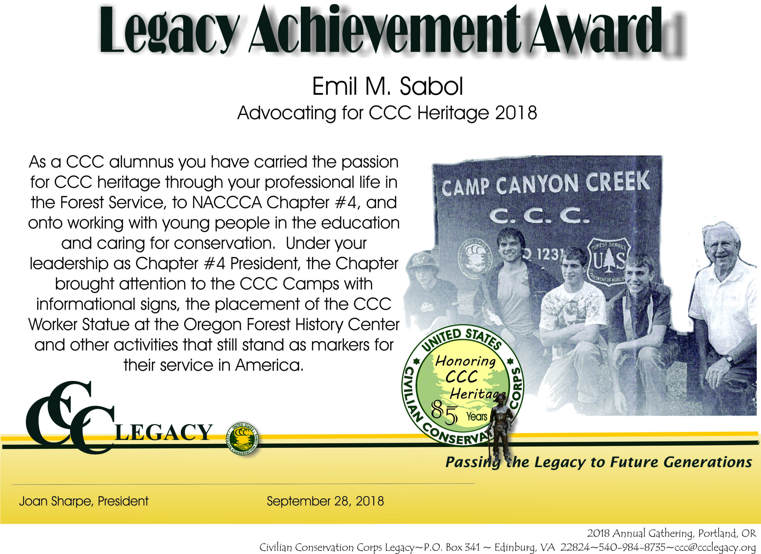 Emil Sabol Legacy Award