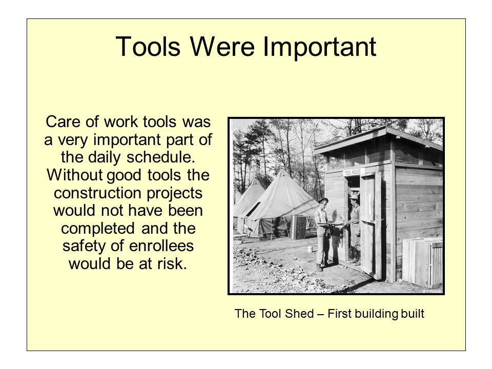 Slide 15 — Camp Roosevelt, April 1933