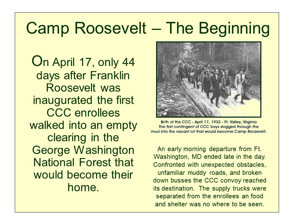 Slide 3 — Camp Roosevelt, April 1933